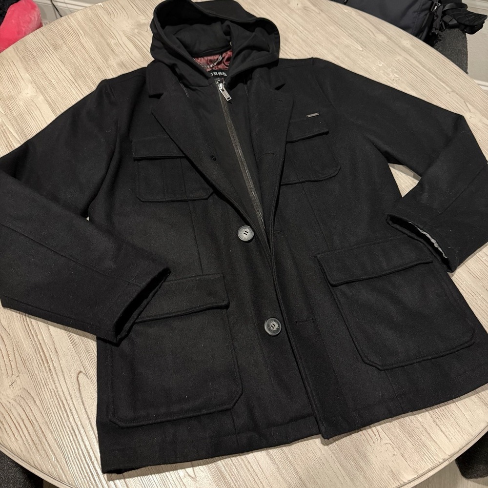 GUESS Men's Black Field Jacket MEDIUM 52% Wool Button Mid Length Winter Pea Coat